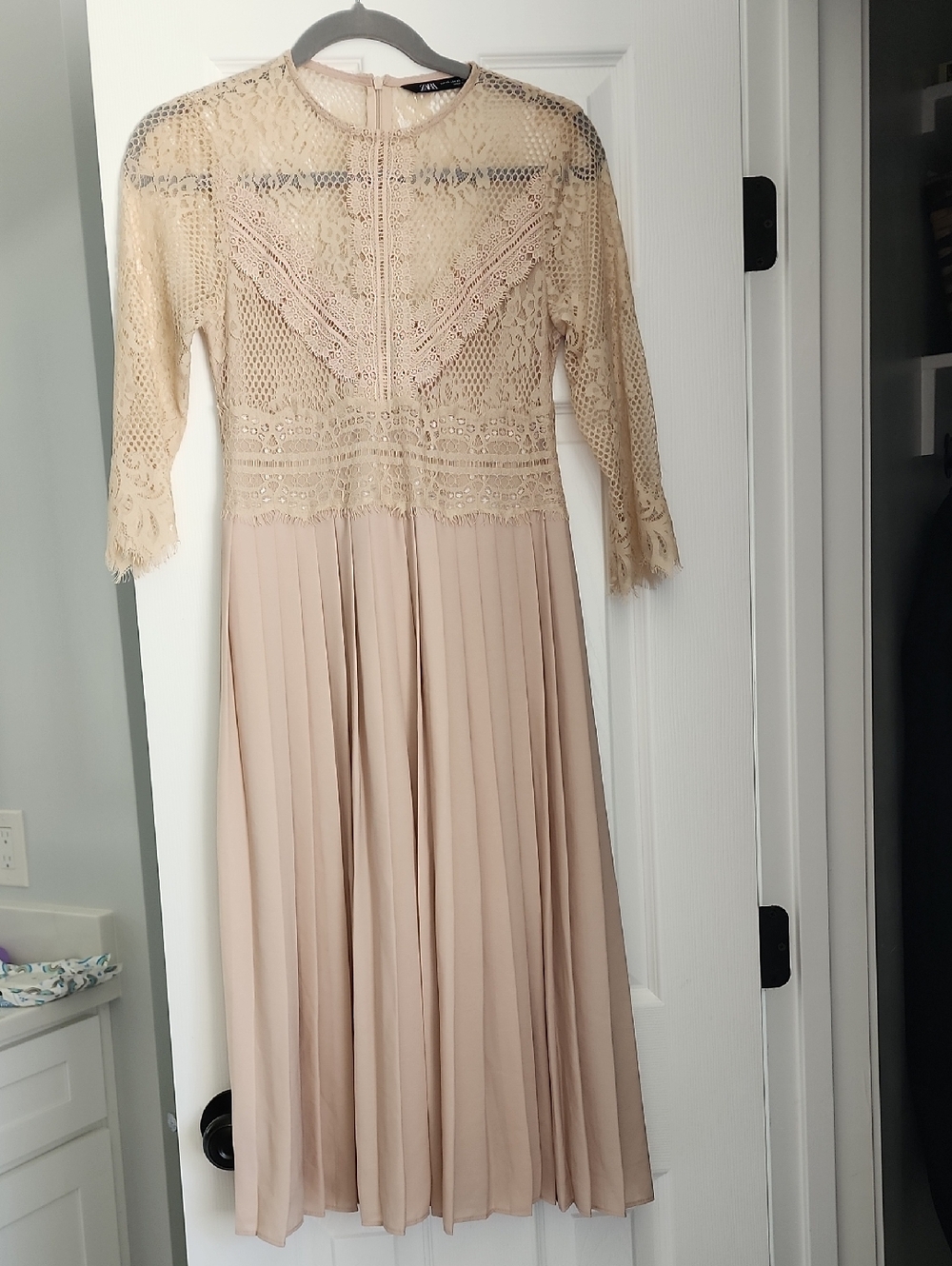 Zara Beige Lace Bodice Pleated Midi Dress
